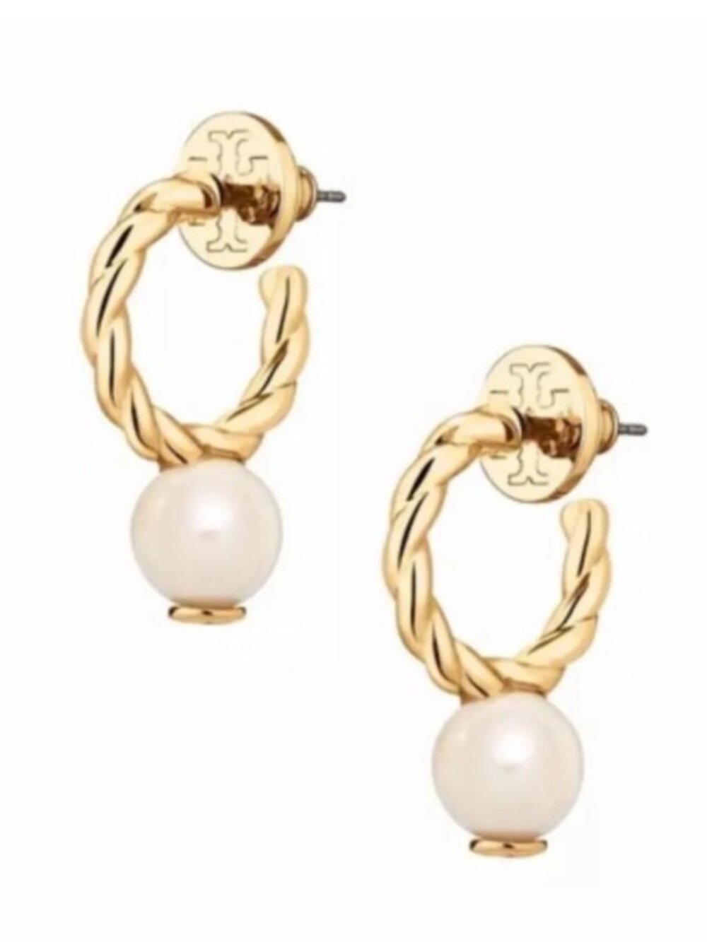Tory Burch Twisted Rope Faux Pearl Hoop Earrings Gold Tone Logo Stud Hoops